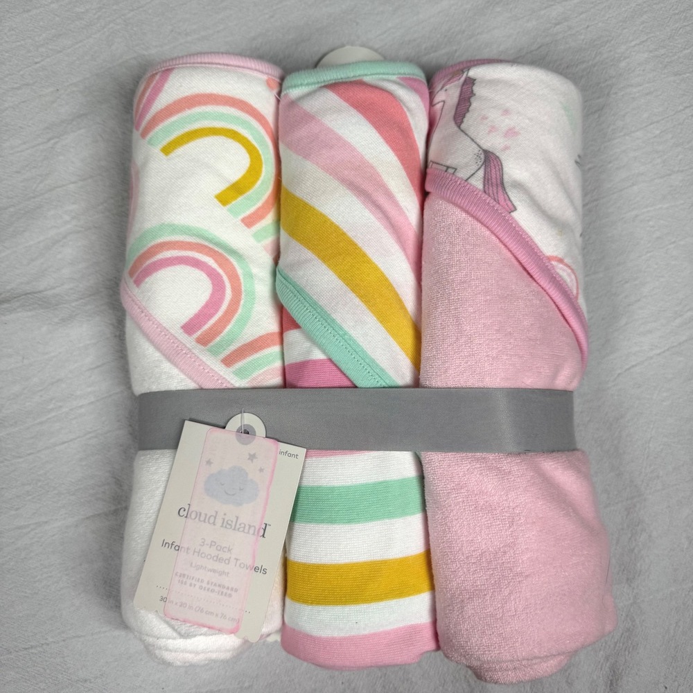 Cloud Island Infant Hooded Towels Pink Baby Girl Unicorns Rainbows‎ 3 Pack 30x30